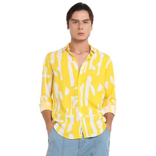 Campus Sutra Mens Lemon Yellow Abstract Print Shirt for Everyday Wear | Spread Collar | Button Closure | Long Sleeve | Heavy Ra