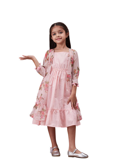 Pspeaches Girls Shoulder Straps Cotton Ethnic Dress with Printed Jacket Peach