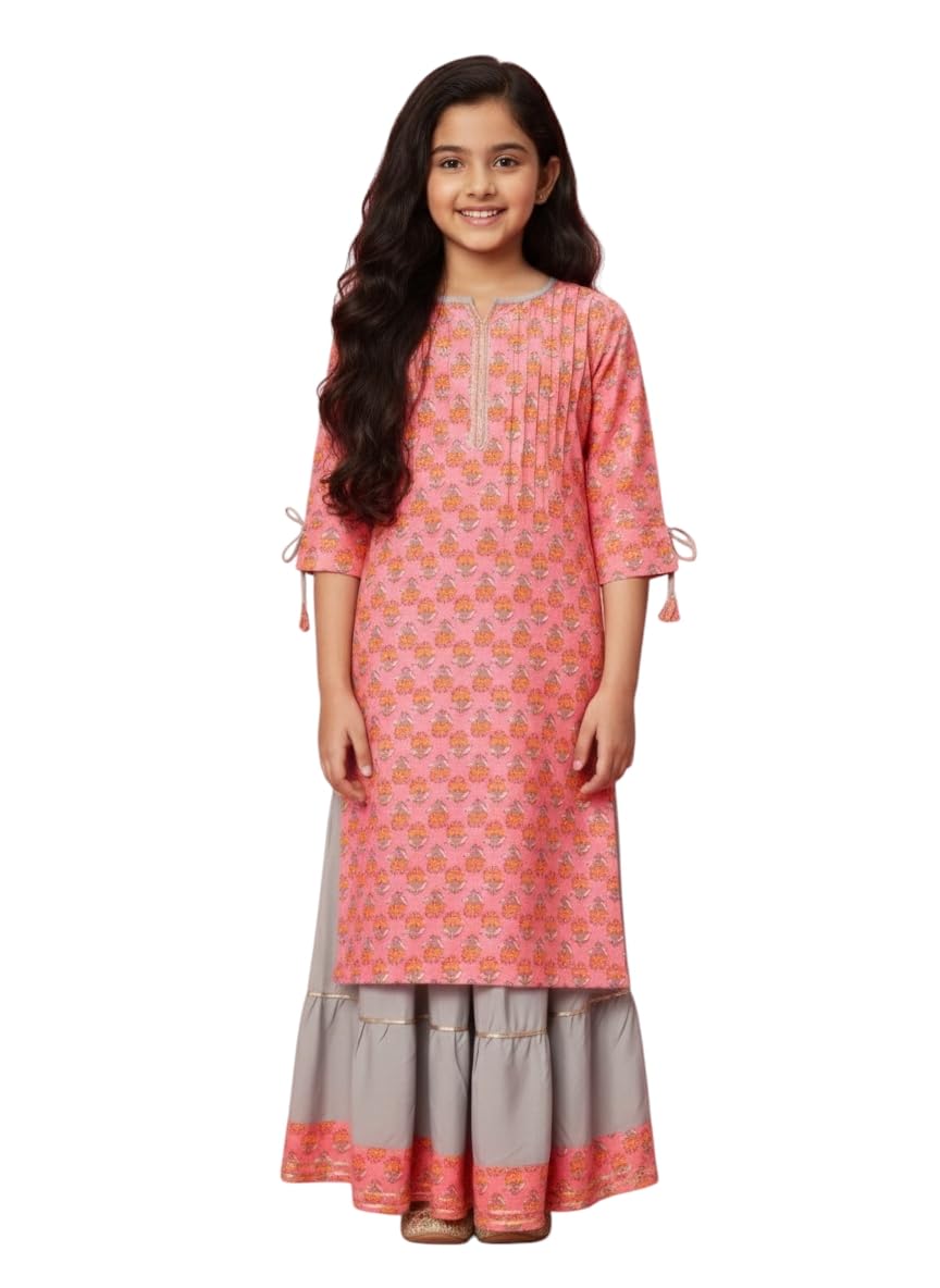 Aarika Girls Casual Wear Gajri Colour Floral Print Cotton Kurti-(8-15 Years)-(OCT_KURTI-K-TR-08-GAJRI-32)