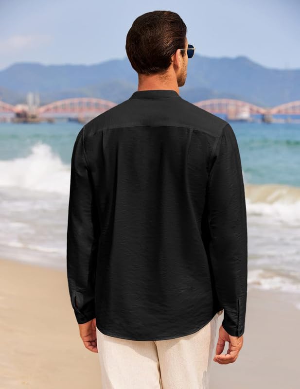 Macsivo Cotton Blend Solid Casual Short Kurta For Men Long Sleeve Mandarin Collar Stylish Shirt Kurta For Men Sky