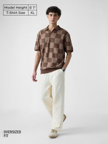 The Souled Store Jacquard: Old School Brown Men and Boys Short Sleeves Collared Neck Cotton Oversized Polos
