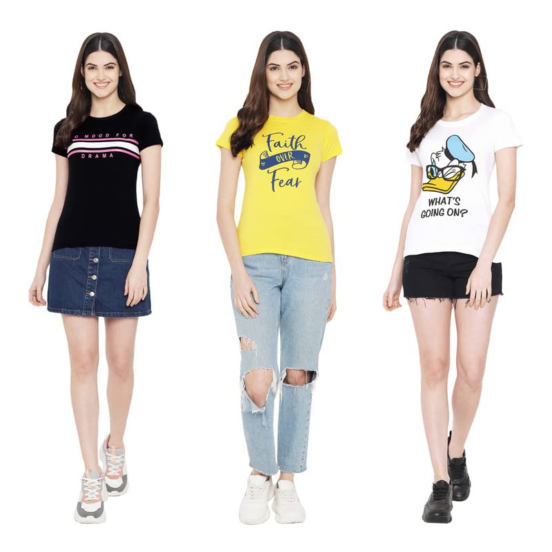 Preneum Womens Cotton Regular Fit Latest Graphic Stylish Printed Short Sleeves Casual T-Shirt || Latest Trending Style (Pack 3)