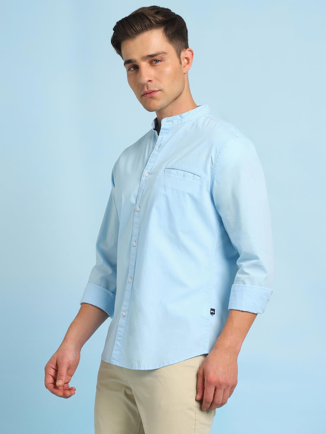 Dennis Lingo Men Solid Mandarin Collar Full Sleeves Regular Fit Casual Shirt Skyblue