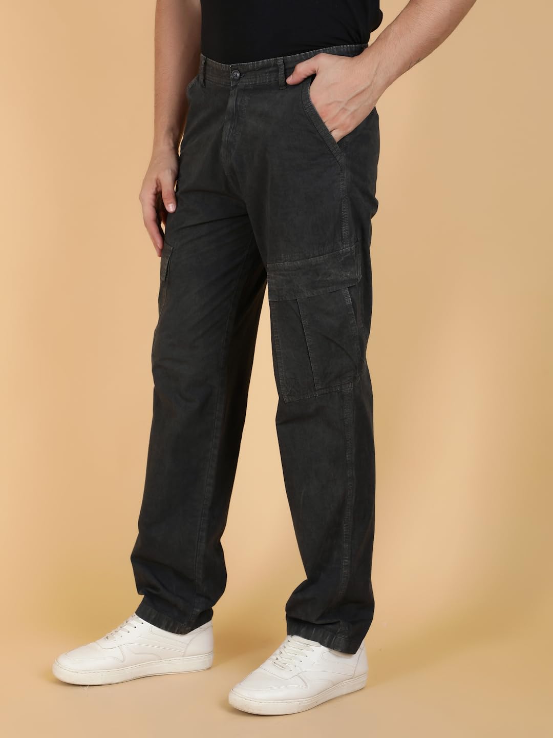 Kotty MenS Solid Multiple Pockets Comfortable And Strechable Cargo Jeans(Black,34)