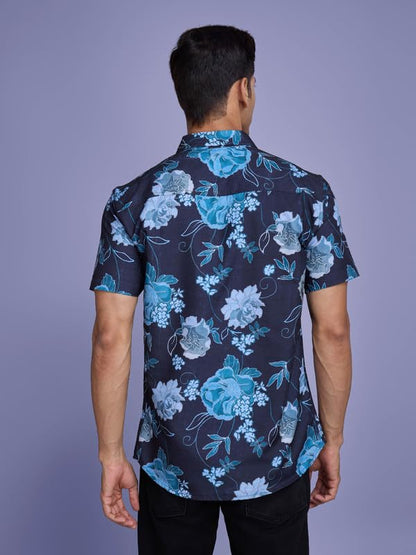 Pinkmint Stylish Shirt for Men ll Printed Half Sleeve Shirts ll Regular Fit Chest Pocket Shirt Dark Blue