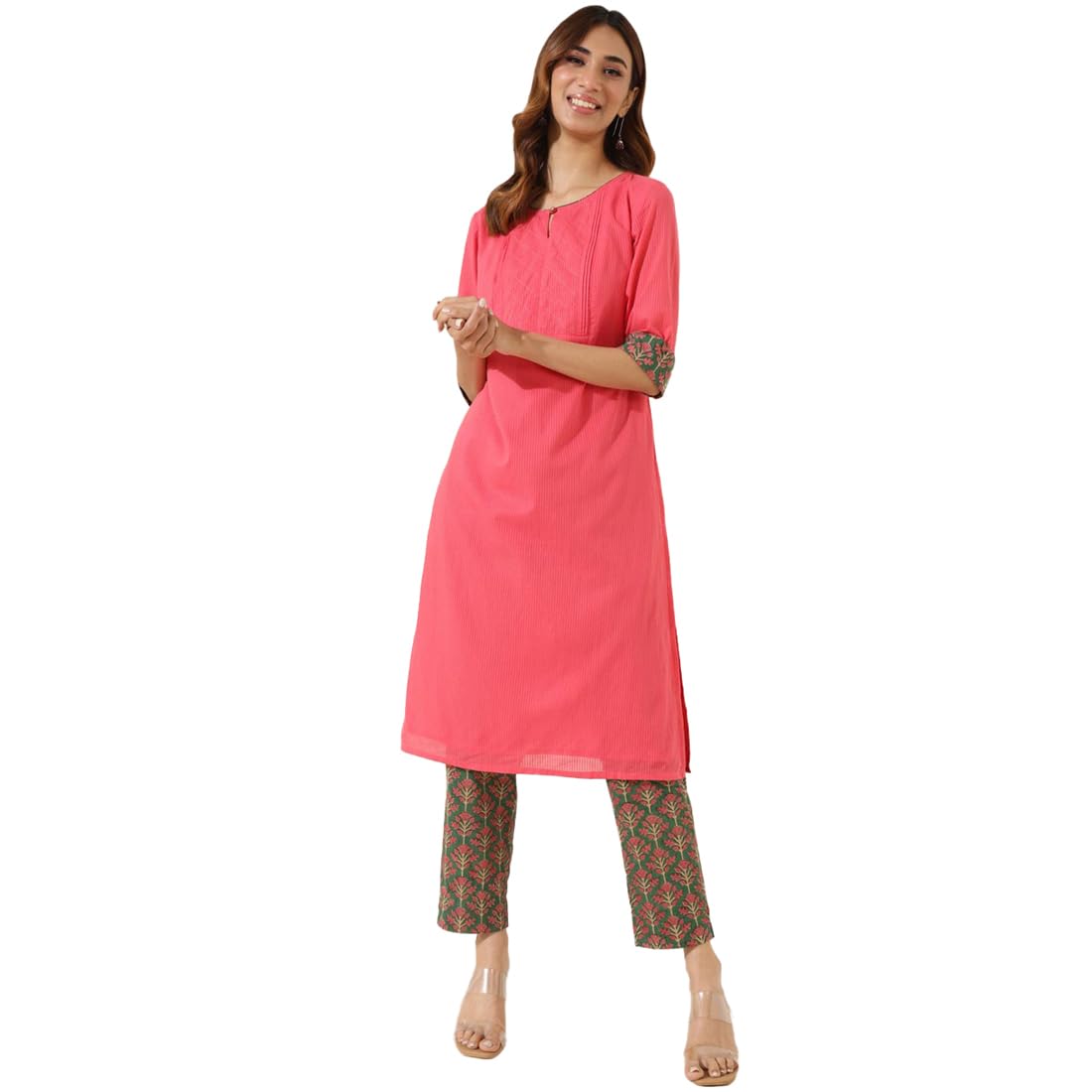 Fabindia WomenS Cotton Printed Slim Kurta Set (1037313Pink_Pink