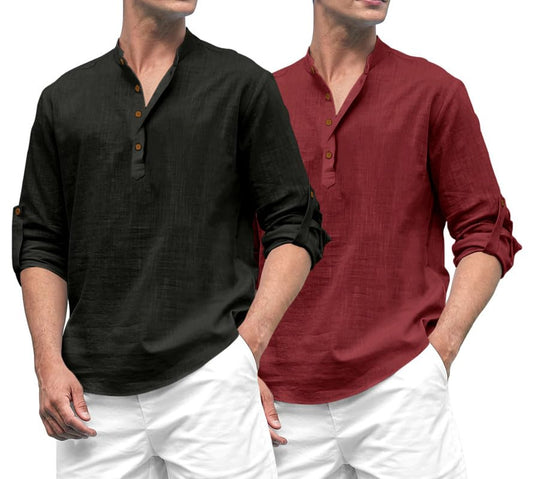Royalscout Combo Of MenS Solid Cotton Blend Full Sleeve Straight Kurta Shirt (Pack Of 2) Black-Maroon
