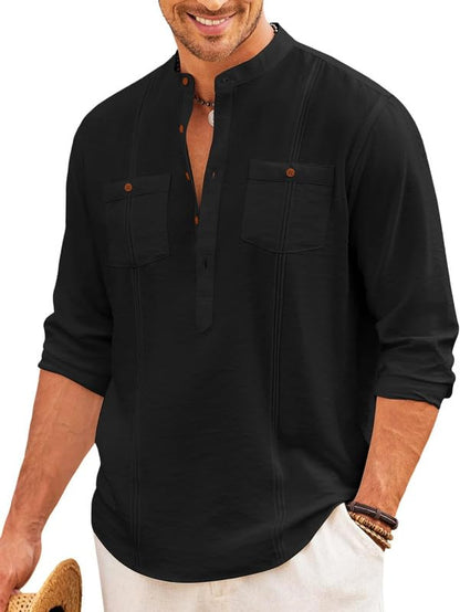 Macsivo Cotton Blend Solid Casual Short Kurta For Men Long Sleeve Mandarin Collar Stylish Shirt Kurta For Men Sky