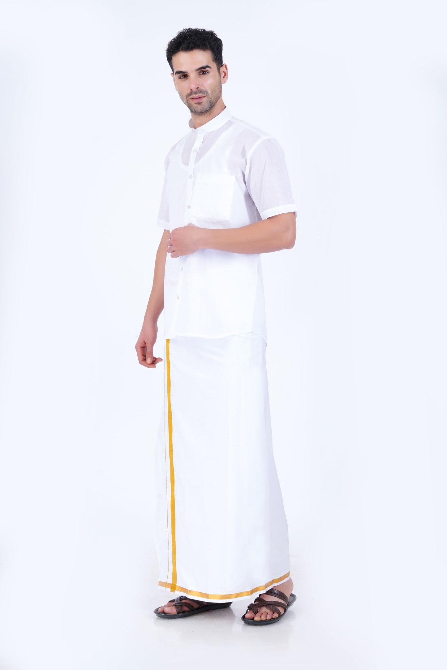 PRAKASAM COTTON Mono Cotton Blended Mandarin Collar Half Sleeve Shirt for Men White