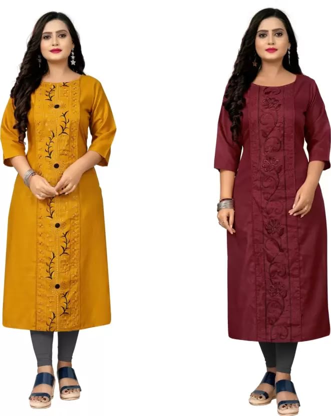 VINCHIC Embroidered Cotton A-Line Kurti ||Bollywood Kurti/Kurta For Women||2 Pack Kurta, Mustard, 42