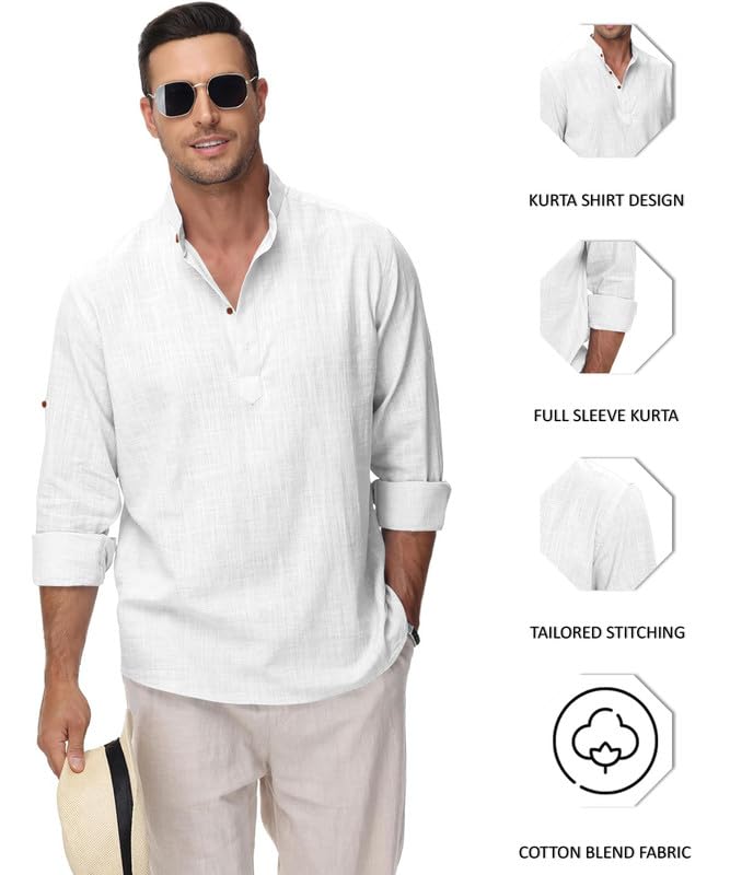 ROYALSCOUT Mens Cotton Polyester Blend Solid Regular Fit Full Sleeve Short Kurta White