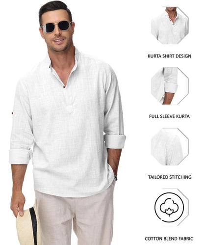 ROYALSCOUT Mens Cotton Polyester Blend Solid Regular Fit Full Sleeve Short Kurta White