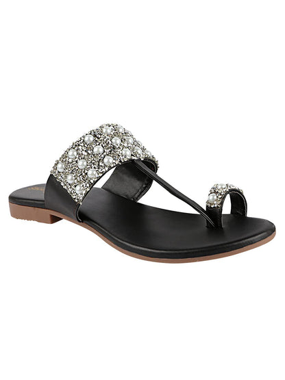 Shoetopia Womens/Girls Black Open Back One Toe Flats