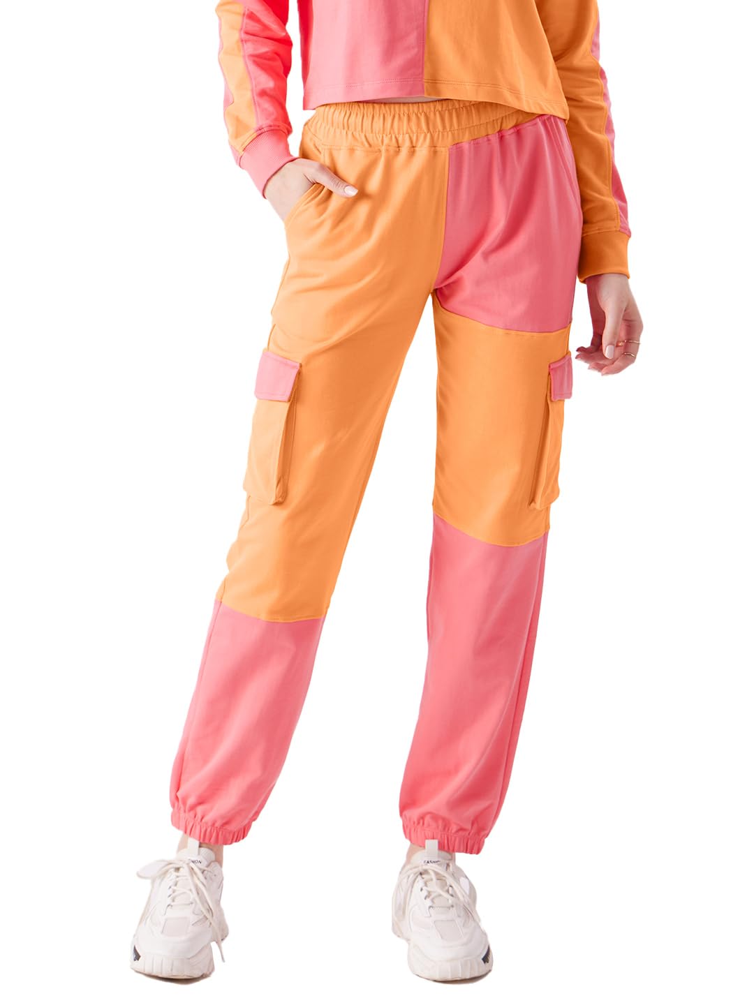 The Souled Store Women Solids: Orange, Pink (Colourblock) Easy Joggers Women Joggers Trousers Bottoms Running Gym Activewear Cas