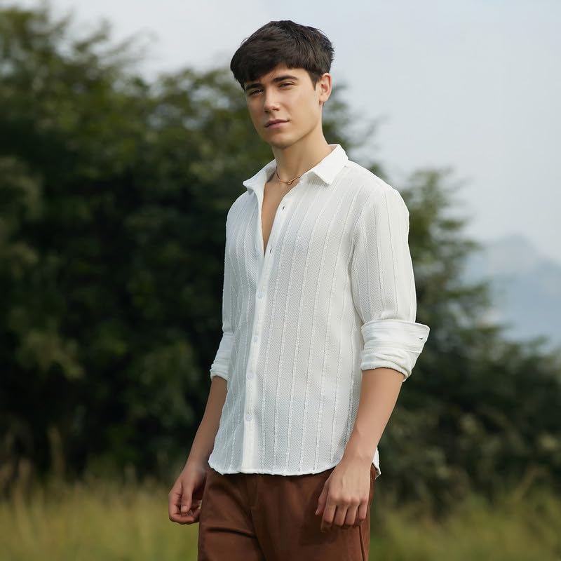 Campus Sutra Mens Daisy White Braille-Stripe Shirt for Casual Wear | Spread Collar | Long Cuffed Sleeves | Button Closure | Shi