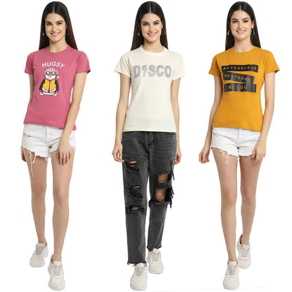 Preneum Womens Cotton Regular Fit Latest Graphic Stylish Printed Short Sleeves Casual T-Shirt || Latest Trendy & Styles (Pack 3