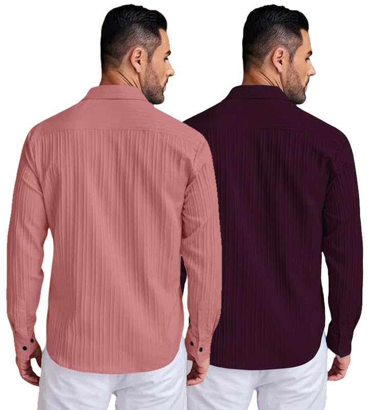 Deelmo Combo Of MenS Casual Button Down Shirts Long Sleeve Linen Shirt Fashion Textured Summer Shirts Pack Of 2