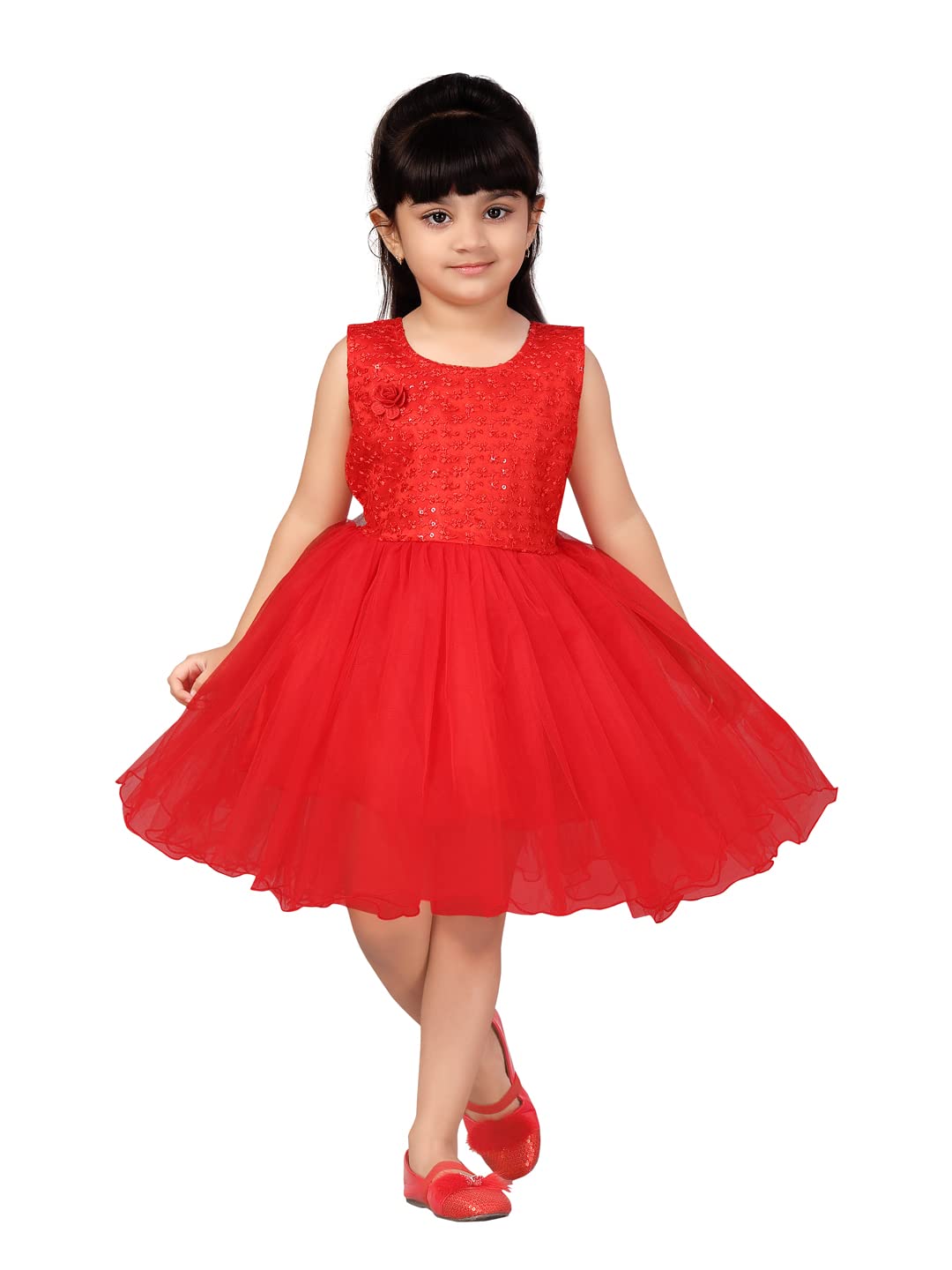 Aarika GirlS Net Fit And Flare Knee-Length Dress (Fk-Shm-1507_Red