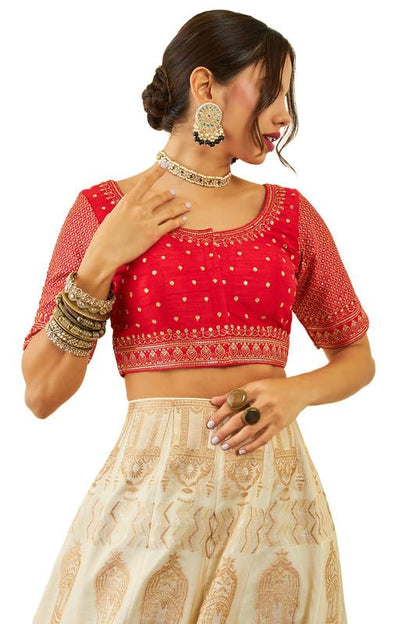 Soch Womens Red Tussar Sequin Embellished and Embroidered Front-Open Blouse