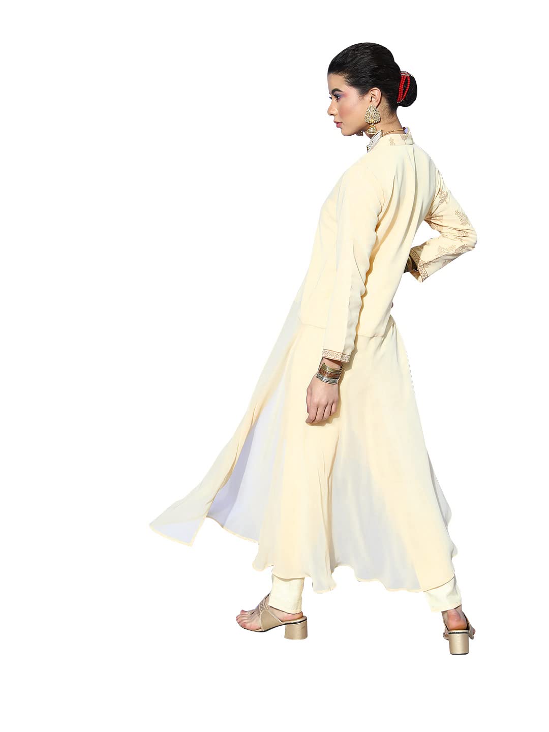 Ziyaa Women's Cream Georgette Asymmetric Kurta And Pant Set(ZIKUGR3757ANDPA)