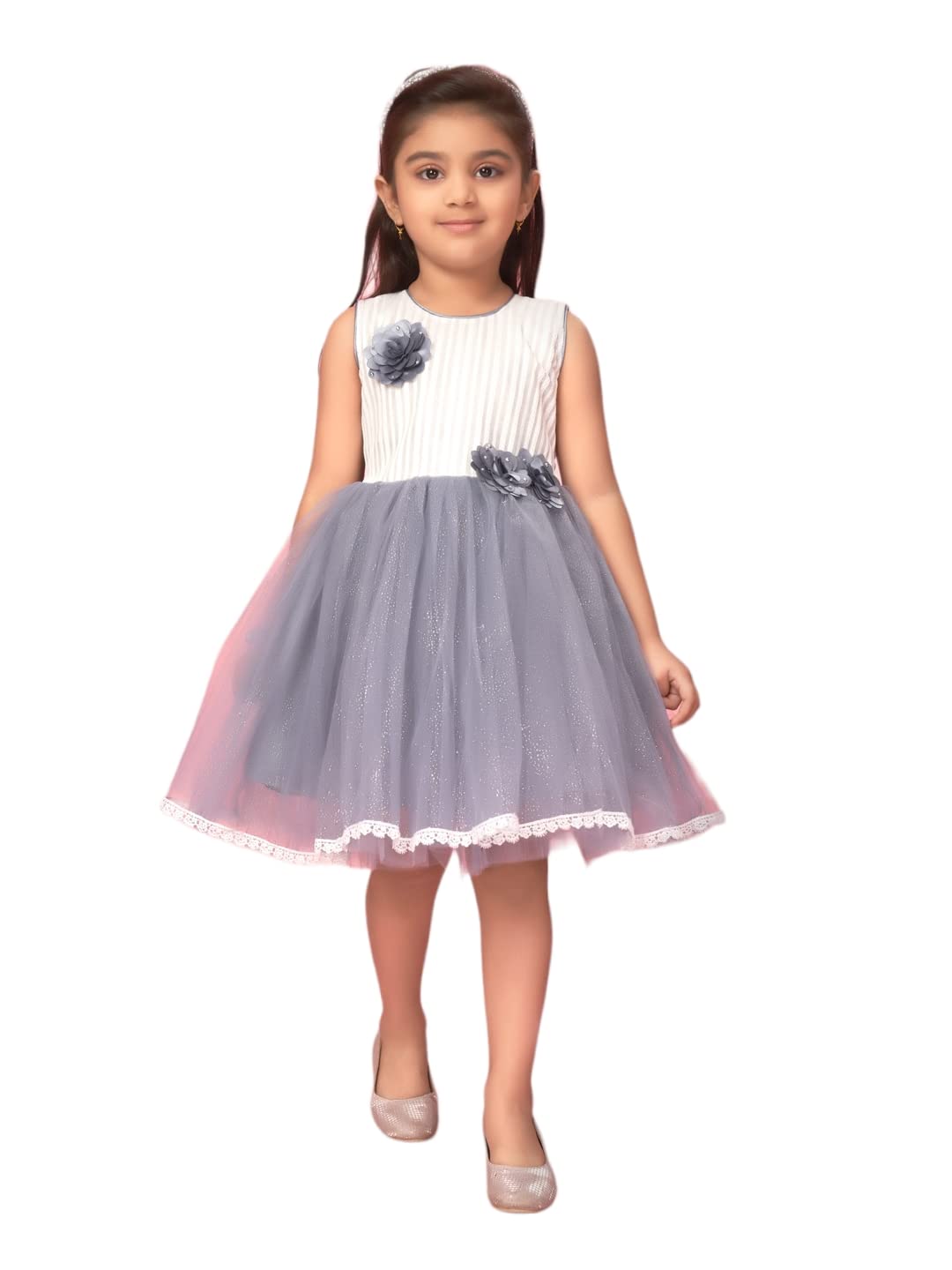 Aarika Girl's Net Fit and Flare Knee-Length Dress (New_FK-16007_Grey