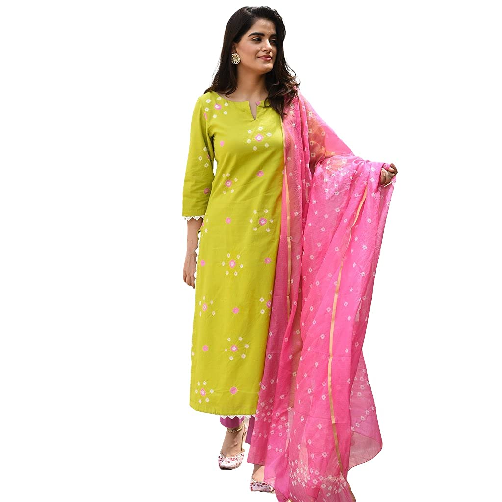 Anni Designer WomenS Cotton Straight Printed Kurta With Pant & Dupatta (Shipra Light Green-Jan18_Xl_Light Green_X-Large)