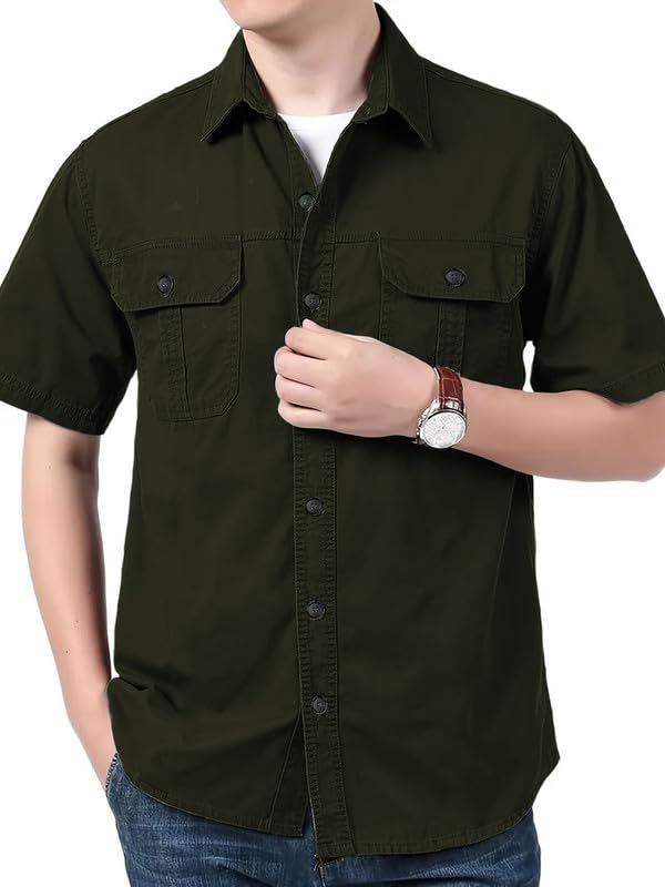 SHIENZY Mens Regular Fit Solid Printed Cotton Casual Shirt || Half Sleeve, Double Pocket || Denim Jacket Style Fashionable West