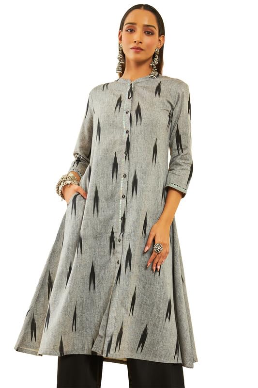 Soch Womens Grey Cotton Ikat Printed Straight Kurta With Sequins