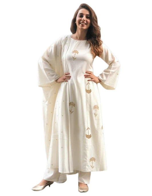 ANNI Designer Womens Viscose Printed A-Line Kurta with Pant Dupatta (Jalaja White_XXL_White_XX-Large)