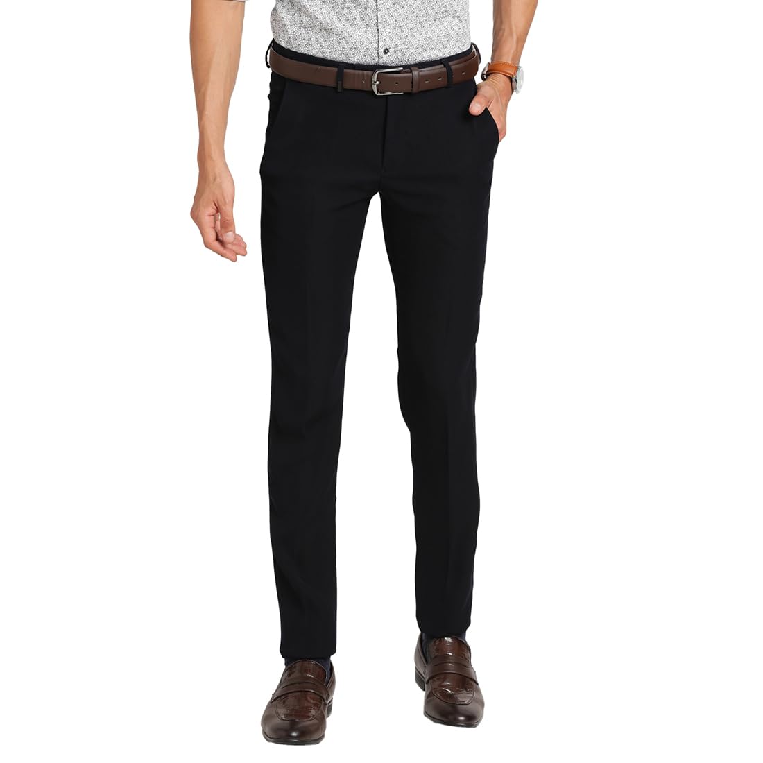 Turtle Men Poly Viscose Stretch Solid Slim Fit Navy Party Trouser