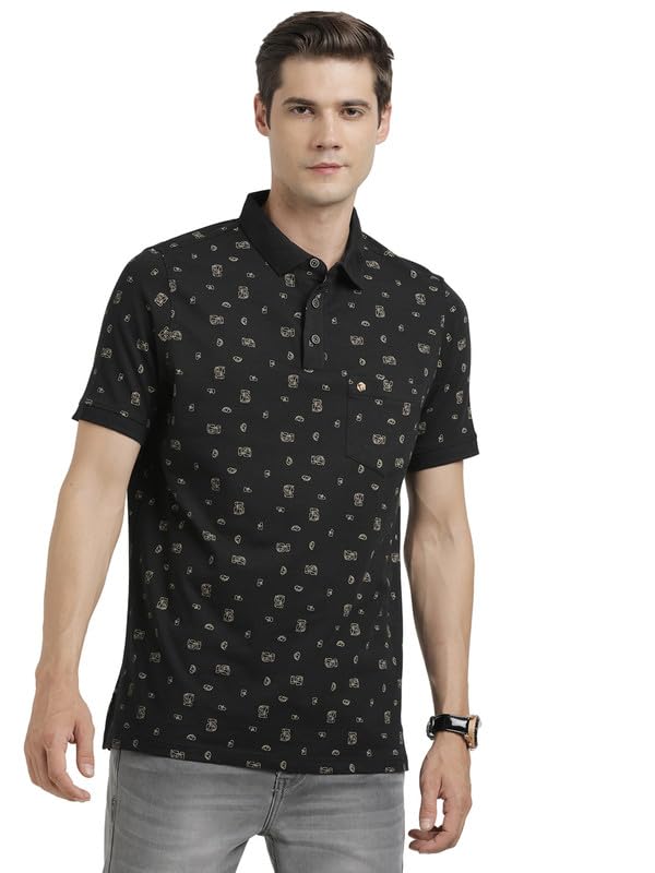 Turtle Men Knitted Black Half Sleeve Casual Printed Polo Tshirt
