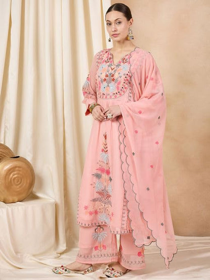 Wedani Goergette Embroidered Kurta Set for Women Peach