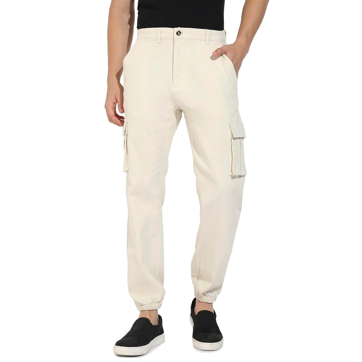Campus Sutra Mens Pale Yellow Cuffed Hem Cargo Trousers for Casual Wear | 6 Pockets | Regular Fit | Button Closure | Cotton Pol