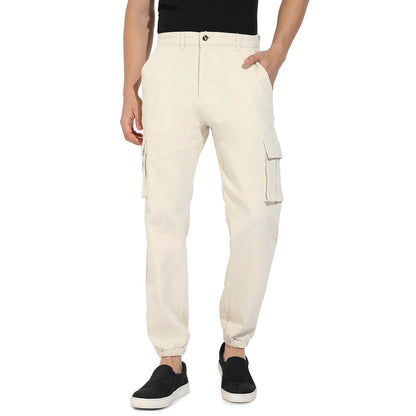 Campus Sutra Mens Pale Yellow Cuffed Hem Cargo Trousers for Casual Wear | 6 Pockets | Regular Fit | Button Closure | Cotton Pol