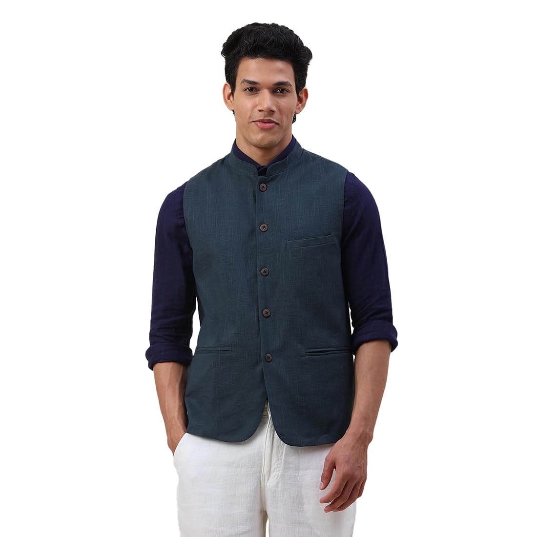 Fabindia MenS Green Cotton Slim Fit Vest Jacket (102610308_Darkgreen