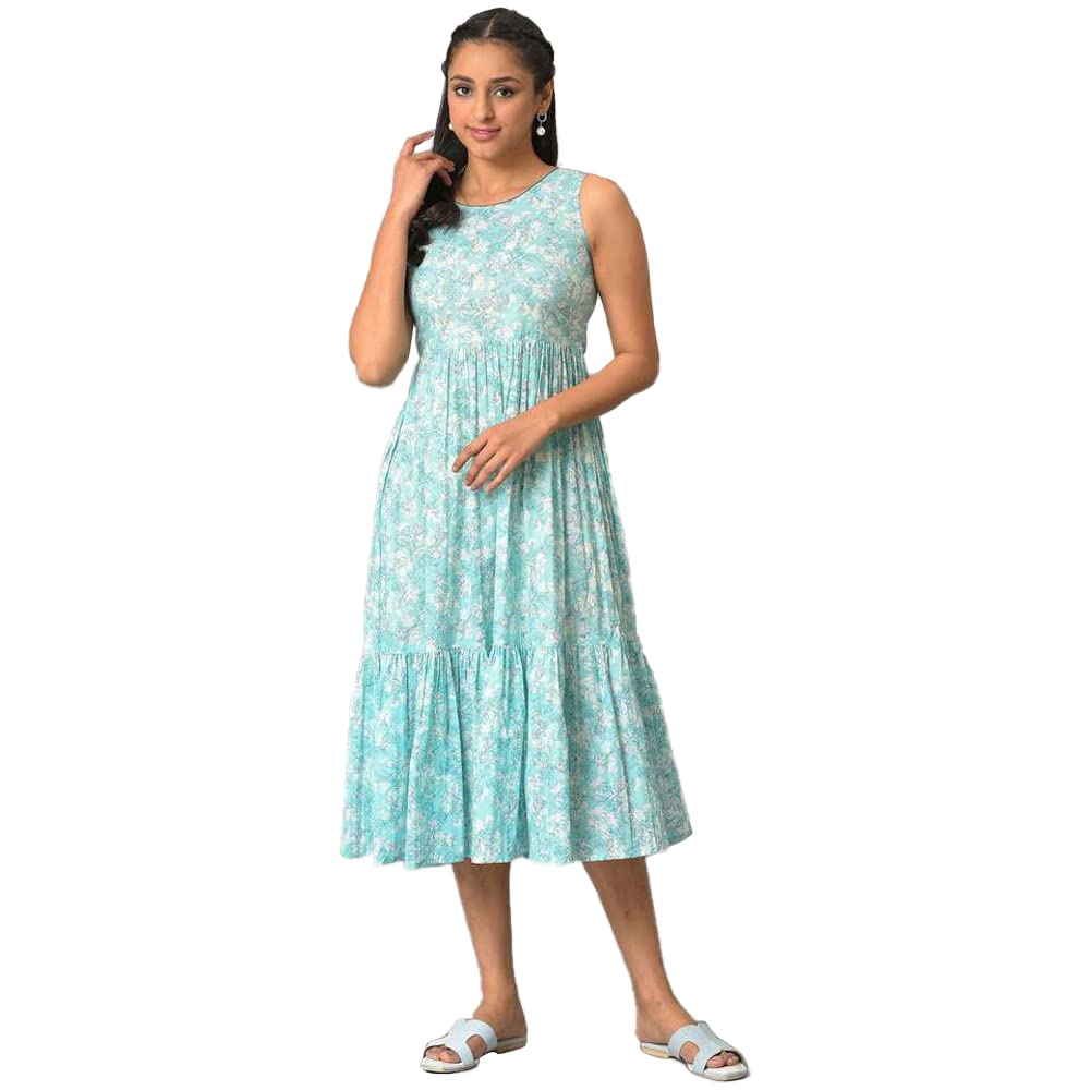 Aurelia WomenS Floral Printed Midi Blue Cotton Dress