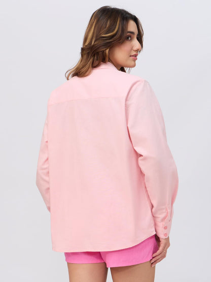 The Souled Store Cotton Linen Shirt: Flamingo Women and Girls Long Sleeve Collared Neck Pink Embroidered Oversized Fit Lightweig