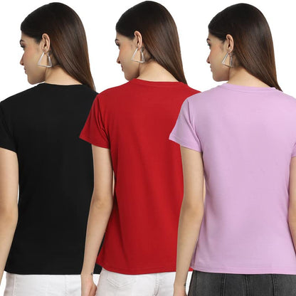 Preneum Womens Cotton Regular Fit Latest Graphic Stylish Printed Short Sleeves Casual T-Shirt (Pack 3), Black & Red & Purple, X