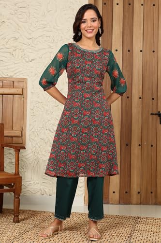 W for Woman Green Floral Printed Dori Embroidered Chiffon Kurta with Attached Lining