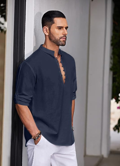 Finivo Fashion MenS Solid Cotton Blend Straight Kurta Shirt, Regular Fit Full Sleeve Short Kurta Shirt Navy