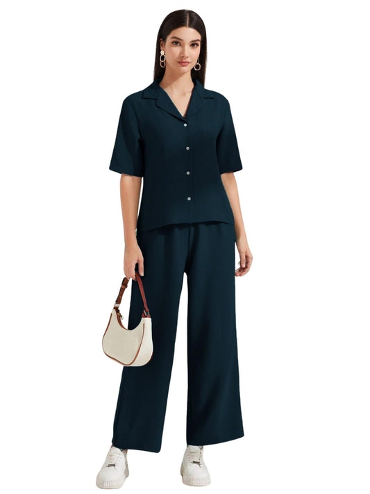 Toplot WomenS Solid Color Co-Ord Set | Short Sleeve Top & Wide Leg Pants Coord Set | Casual Wear Co-Ord Set (Pop-Coord-5232-Tea