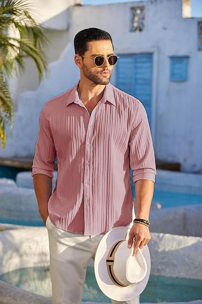 CB-COLEBROOK Mens Casual Button Down Shirts Long Sleeve Linen Shirt Fashion Textured Beach Summer Shirt (in, Alpha, XL, Regular