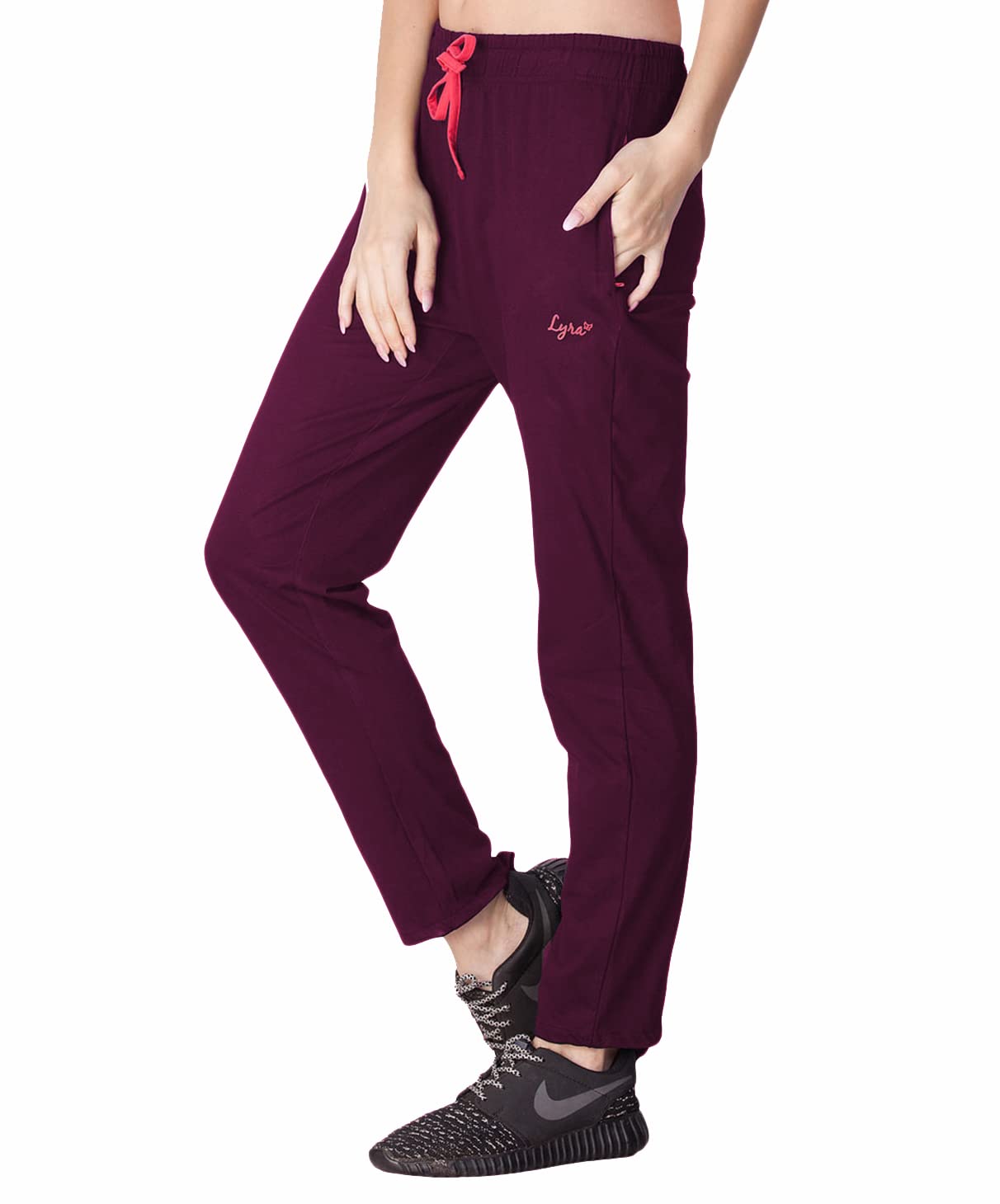 Lyra Womens Regular Fit Gym Track Pants With 2 Side Pockets 4 Way Stretchable Beige