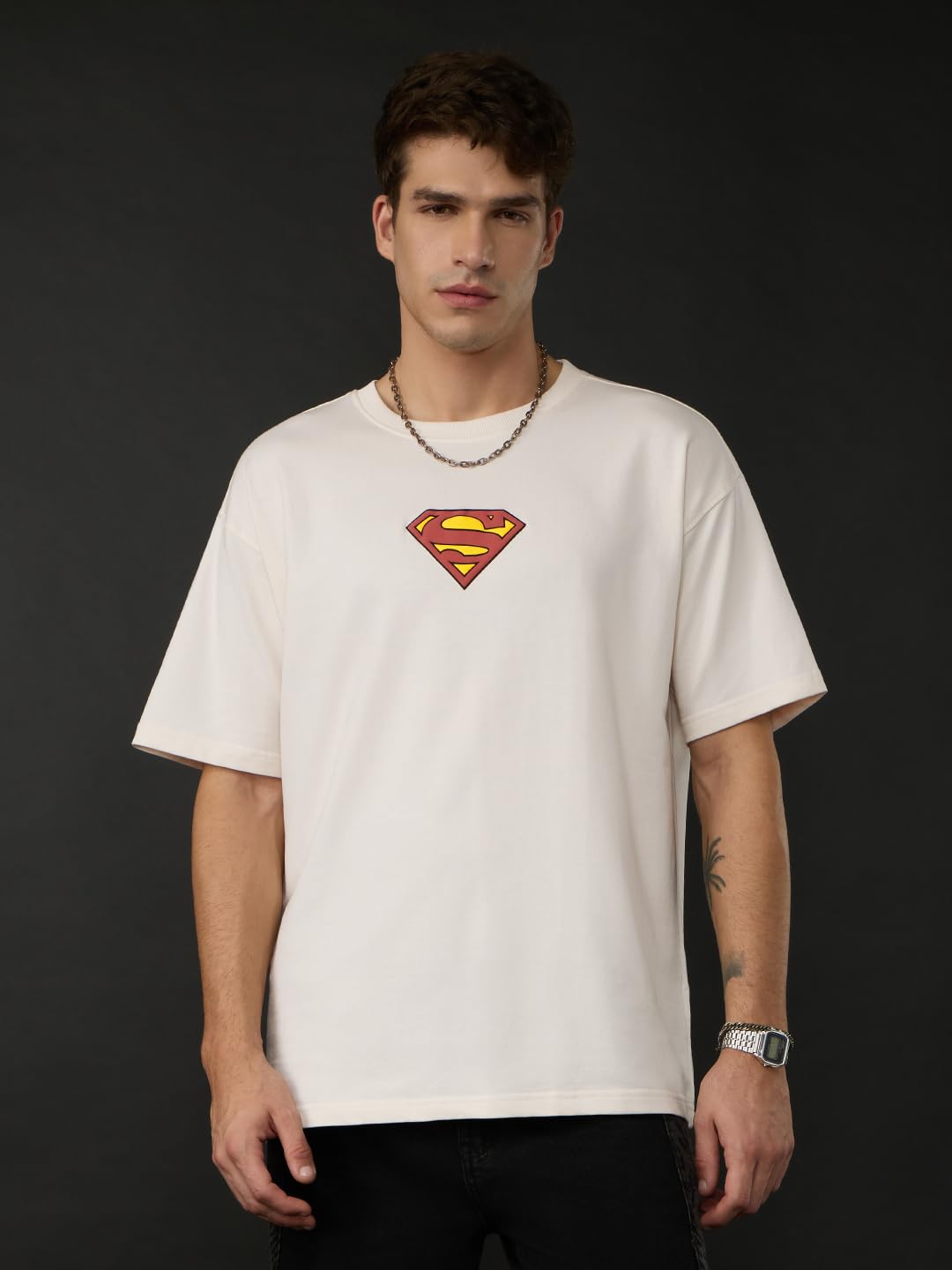 The Souled Store Superman: Force for Good Men and Boys Short Sleeves Round Neck Graphic Printed Cotton Oversized Lightweight Com