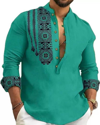Deemoon MenS Cotton Blend Mandarin Collar Self One Design Full Sleeve Casual Short Kurta Rama