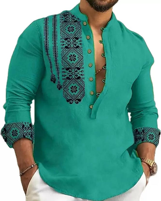 Deemoon MenS Cotton Blend Mandarin Collar Self One Design Full Sleeve Casual Short Kurta Rama
