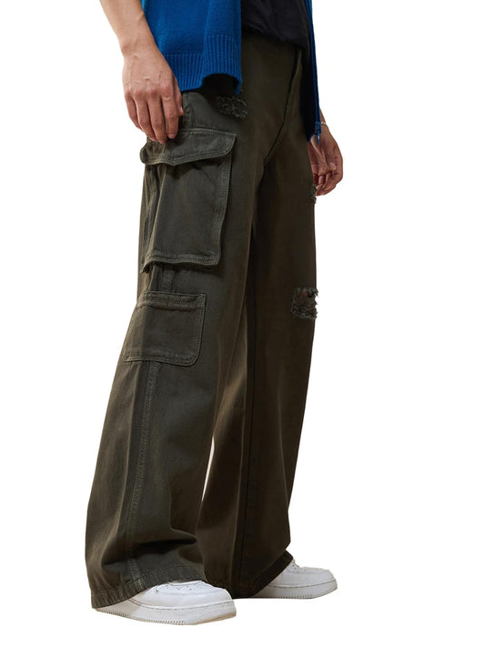 Bewakoof Mens Solid Baggy Fit Cotton Distressed Jeans_624687_Green_28