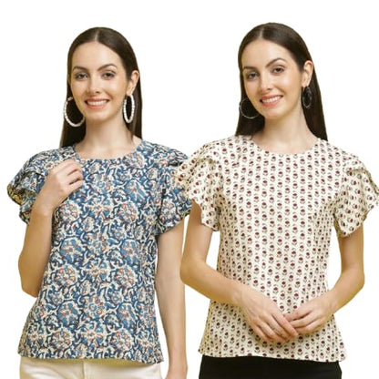 Pinkmint Combo Tops for Women Stylish Ruffle Trim Petal Sleeve Tops (Pack of 2)