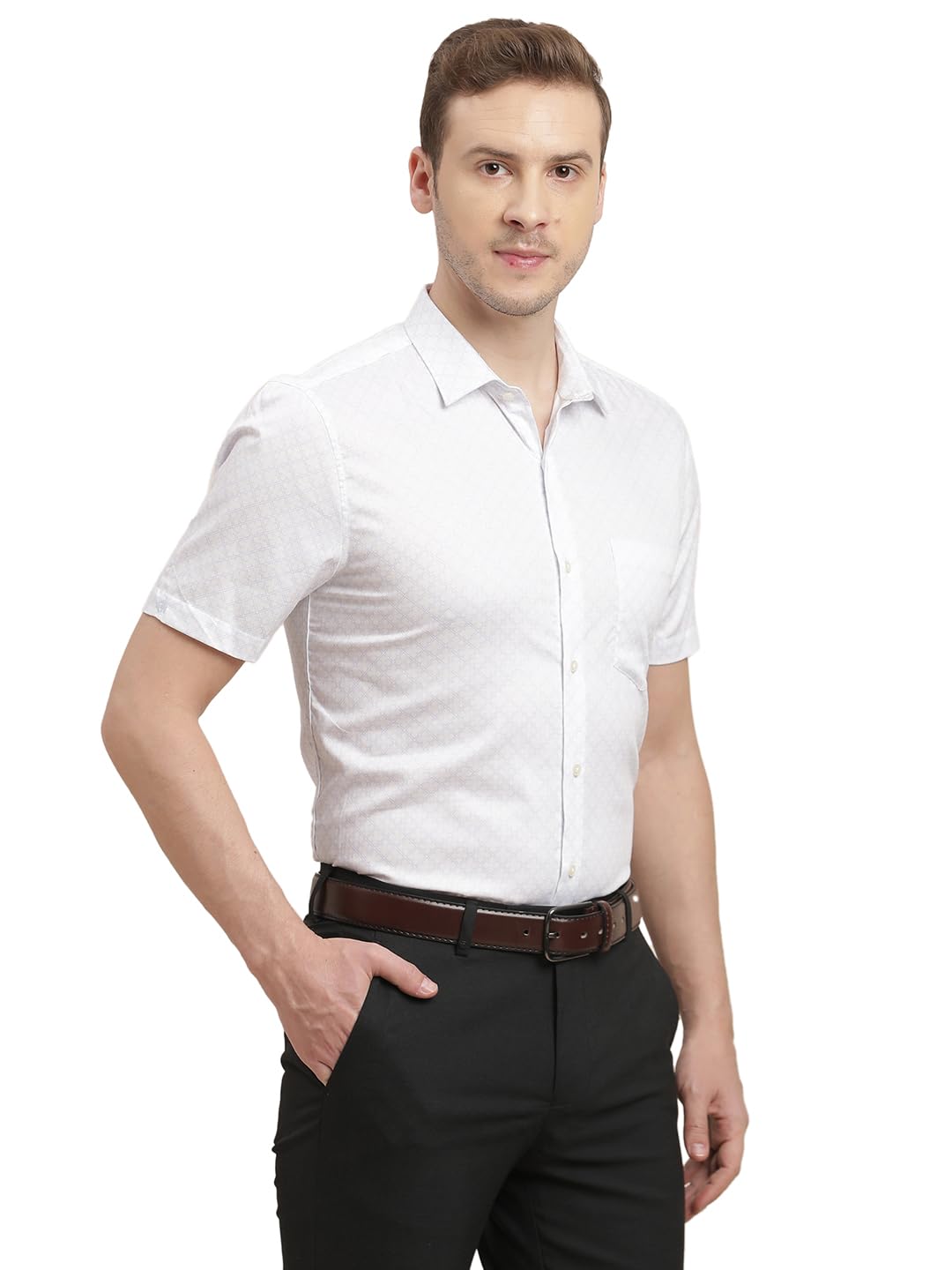 Turtle Men 100% Cotton Slim Fit White Digital Printed Half Sleeve Formal Shirt