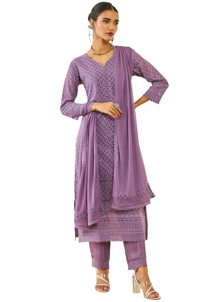 Soch Womens Purple Georgette All-Over Sequin Embroidered Suit Set with Dupatta